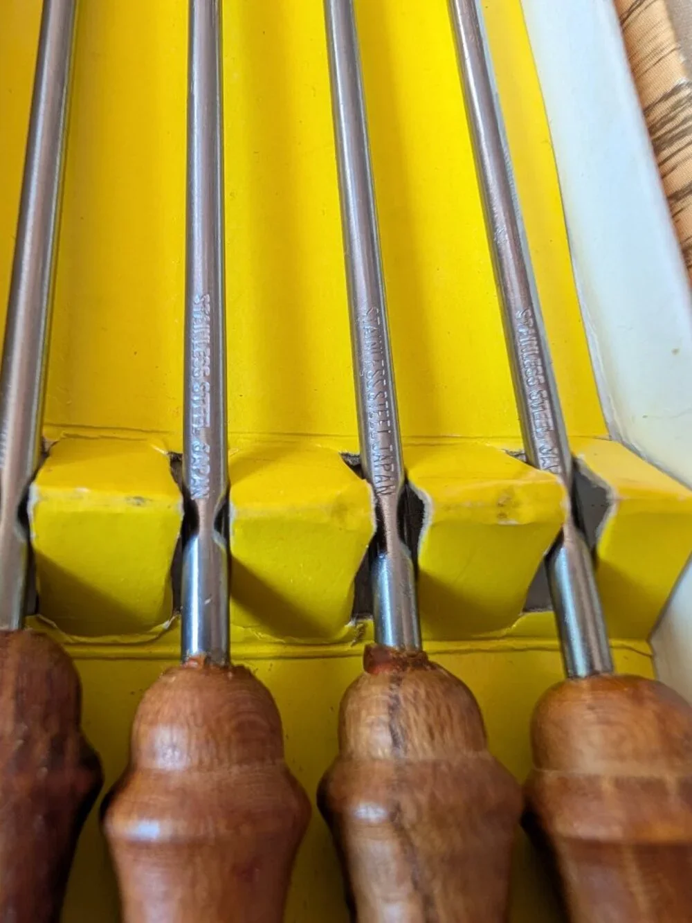 Vintage Fondue Forks Boxed Set – 4 Pc Mid‑Century Stainless Steel & Wood